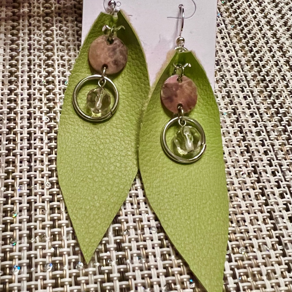New Vegan Leather Hand made Leaf Dangle Chic LimeGreen Nature-Inspired Earrings